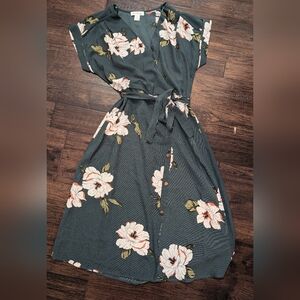 Monteau Teal Floral Button-Front Tie-Waist Midi Dress